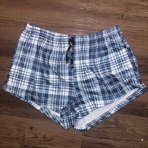 Blue and white plaid pajama shorts